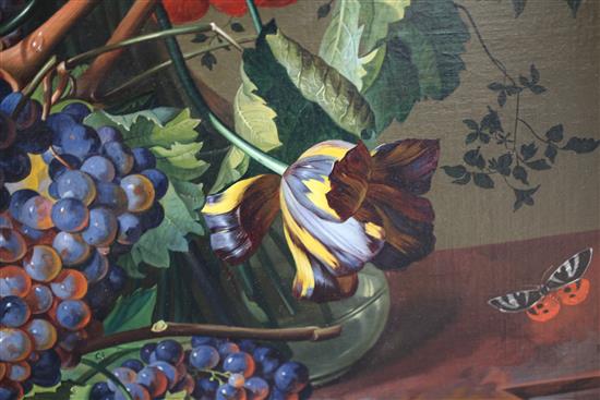 Leopold Zinnogger (Austrian, 1811-1872) Still life of flowers, fruit, butterflies and birds nest upon a marble ledge, 53 x 37in.